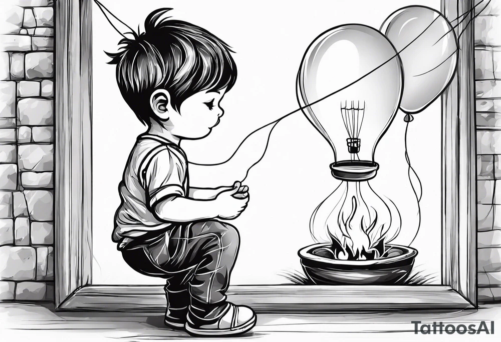 tatoo in sketch style only.
A little boy is holding a string to the hearth shaped small party baloon.
boy should be drawed from behind and has one hand reaching up in 45 degree angle and holding the baloon string
On the string is a wave which look like a hearbeat pulse.
draw it without any scenery, without any background. Just a boy 
Add heartbeat pulse on the string tattoo idea