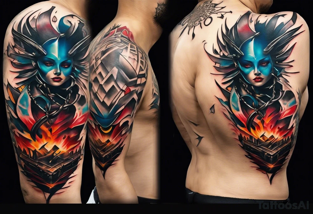 Wide tattoo that appears to be bursting out of the skin, symbolizing freedom with broken chains. The tattoo should be vibrant and dynamic, with bold lines and colors that evoke a sense of liberation and empowerment. The tattoo should be visually striking and thought-provoking. tattoo idea