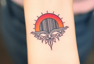 A barcode that transitions into a rising sun in red, orange and pink color saying rising endlessly tattoo idea