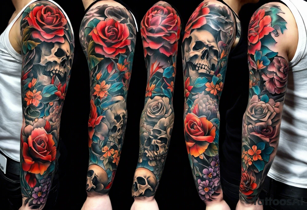 arm sleeve tattoo of the bone inside the arm that fills entire arm from shoulder to fingers symbolizing pain with skulls and dead flowers and more tattoo idea