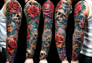 arm sleeve tattoo of the bone inside the arm that fills entire arm from shoulder to fingers symbolizing pain with skulls and dead flowers and more tattoo idea