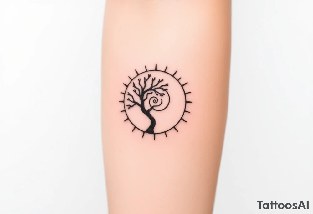 Tree inside of a Fibonacci spiral sun tattoo idea