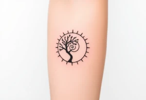 Tree inside of a Fibonacci spiral sun tattoo idea