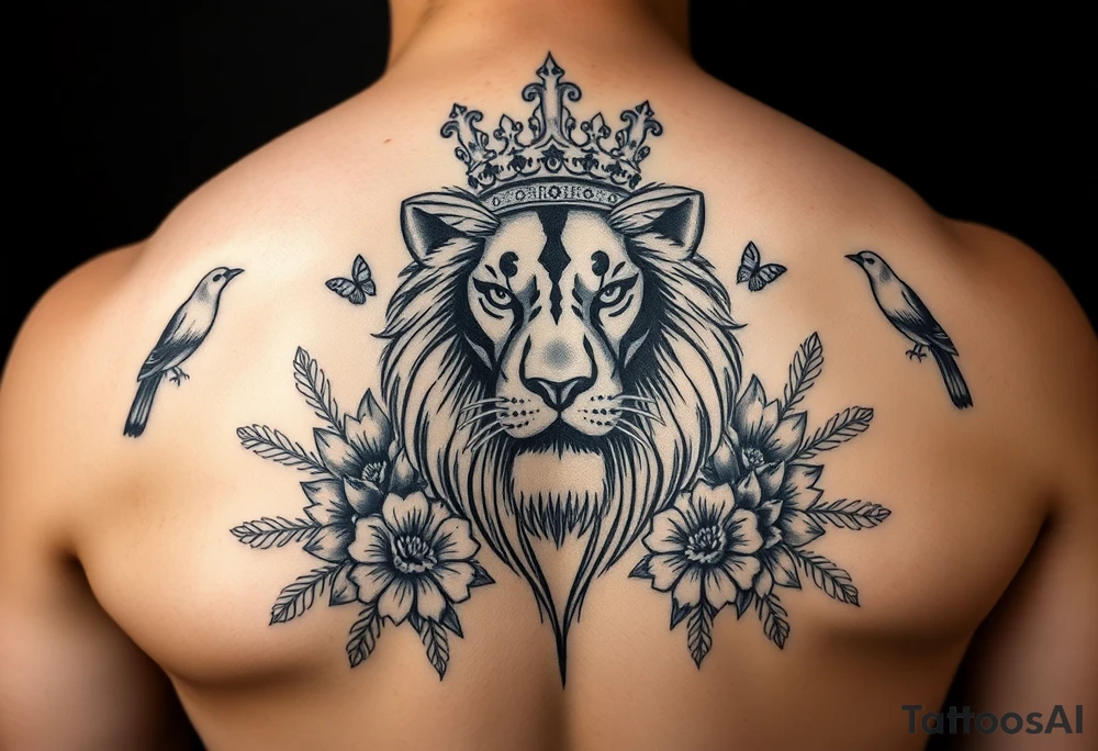 powerful majestic lion with a crown, surrounded by floral ornaments and birds tattoo idea