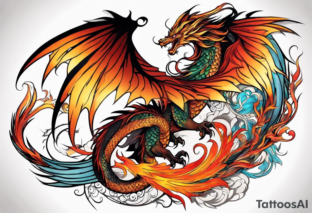 majestic  dragon and phoenix  in harmony and balance tattoo tattoo idea