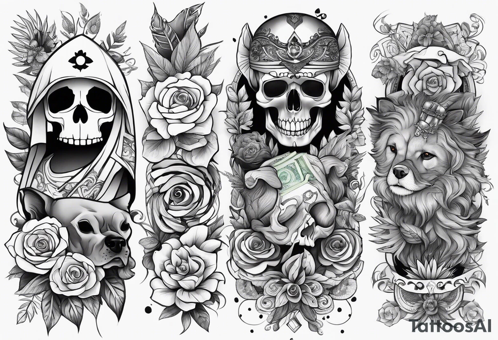 Full tattoo sleeve with flowers, leaves, dogs, drugs, money, euro bank notes, skull, with tribal eyes tattoo idea