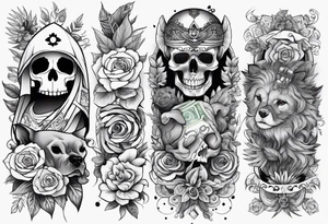 Full tattoo sleeve with flowers, leaves, dogs, drugs, money, euro bank notes, skull, with tribal eyes tattoo idea