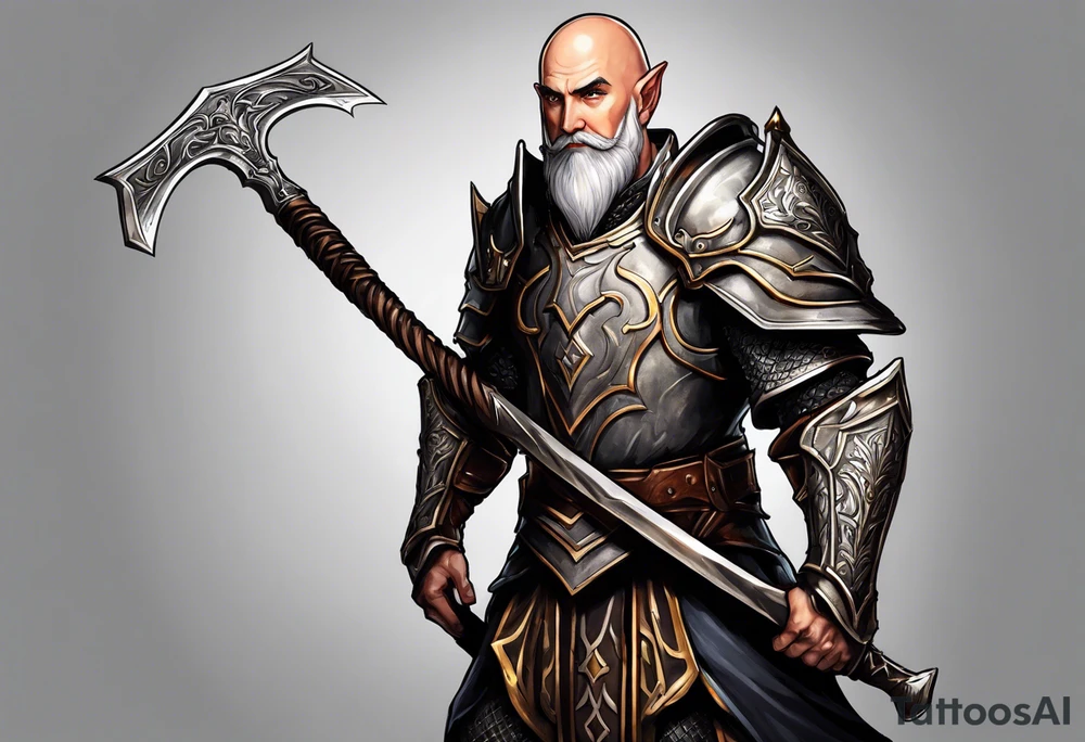 a full-body picture of a human elf, bearded bald male, paladin, holding a battle axe, on my left forearm tattoo idea