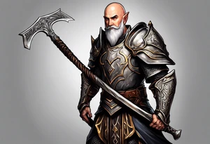 a full-body picture of a human elf, bearded bald male, paladin, holding a battle axe, on my left forearm tattoo idea