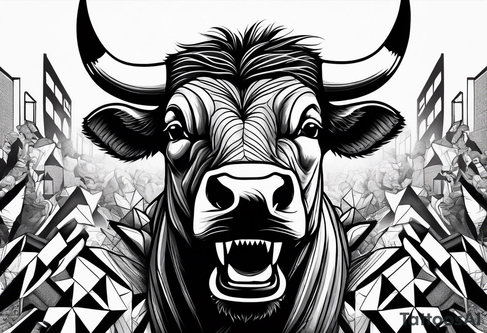 raging bull head busting through crowd of businessmen tattoo idea