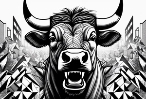 raging bull head busting through crowd of businessmen tattoo idea