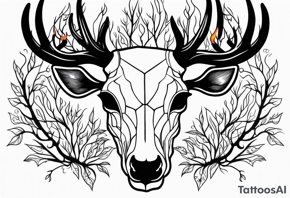 side view of a deer skull and neck JUST BONE surrounded by a flames and trees tattoo idea