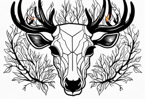 side view of a deer skull and neck JUST BONE surrounded by a flames and trees tattoo idea