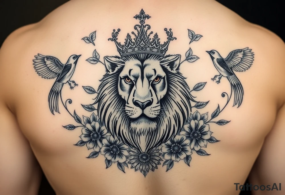 powerful majestic lion with a crown, surrounded by floral ornaments and birds tattoo idea