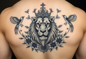 powerful majestic lion with a crown, surrounded by floral ornaments and birds tattoo idea