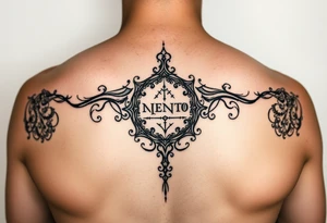 Can you please design a tattoo of an ambigram combining the phrase “memento mori” and “this shall pass” tattoo idea