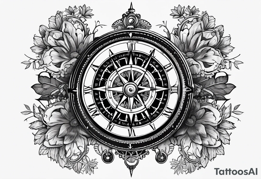 A Vintage compass with gears and marigold flower behind it. tattoo idea