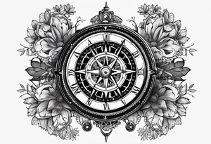 A Vintage compass with gears and marigold flower behind it. tattoo idea