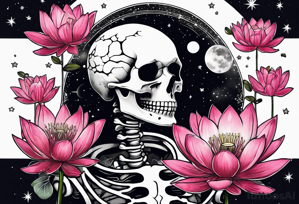 skeleton wearing lab coat, water lily, cherry blossoms, space and stars tattoo idea