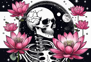 skeleton wearing lab coat, water lily, cherry blossoms, space and stars tattoo idea