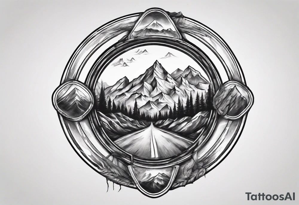 road cycle front wheel drawn as a gym plate with a mountain in the middle tattoo idea