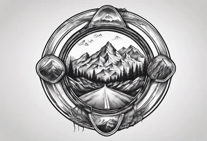 road cycle front wheel drawn as a gym plate with a mountain in the middle tattoo idea