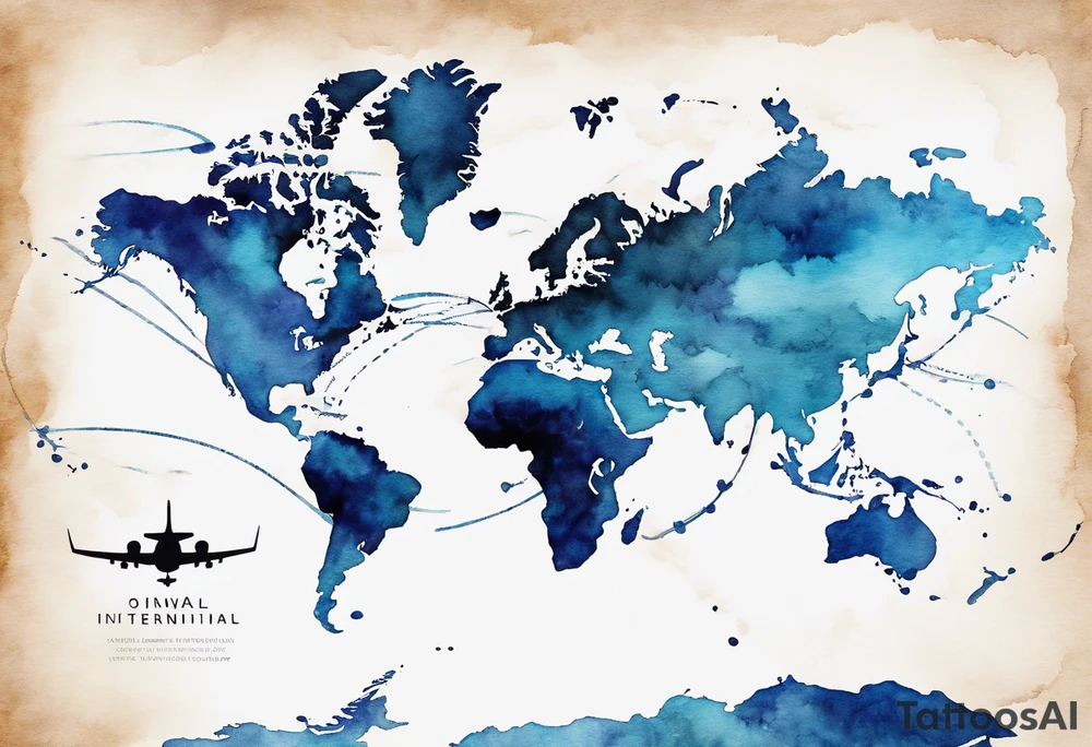 World map with tiny jet plane showing intercontinental flight path. Watercolor with spilled watercolor look tattoo idea