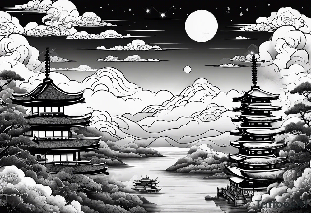 only clouds in japanese tattoo style without any buildings or moon tattoo idea