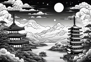 only clouds in japanese tattoo style without any buildings or moon tattoo idea