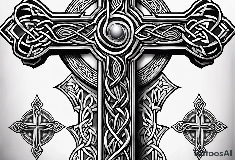 A stone Celtic cross with a raven perched on the arm of the cross tattoo idea