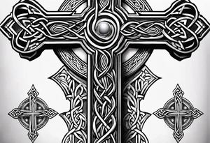 A stone Celtic cross with a raven perched on the arm of the cross tattoo idea