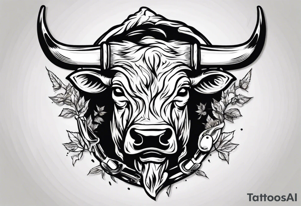 A design that includes a bull head trees and a hockey stick tattoo idea