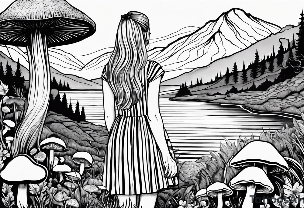 Straight long blonde hair girl standing in right corner in distance holding mushrooms in hand facing away toward mountains and creek surrounded by mushrooms black and white striped dress tattoo idea
