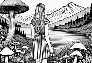 Straight long blonde hair girl standing in right corner in distance holding mushrooms in hand facing away toward mountains and creek surrounded by mushrooms black and white striped dress tattoo idea