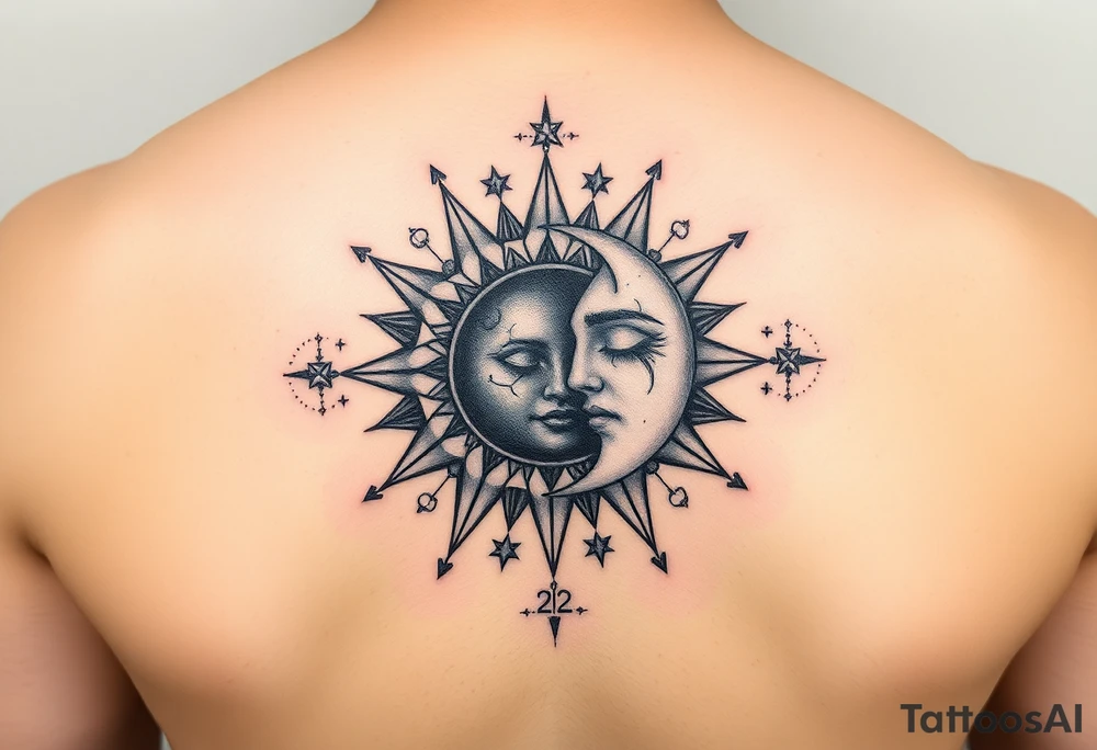 celestial sun and moon embrace with constellation patterns with 222 tattoo idea celestial sun and moon embrace with constellation patterns with 222 tattoo idea