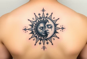 celestial sun and moon embrace with constellation patterns with 222 tattoo idea