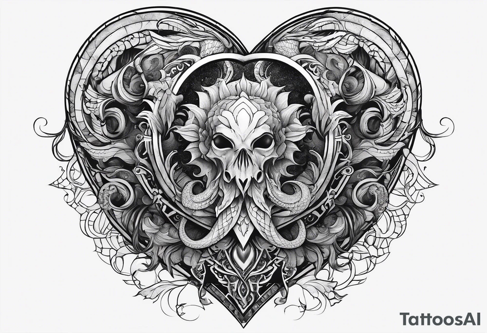Lovecraftian creature protecting heart. Long tattoo for sleeve. Vertical. tattoo idea