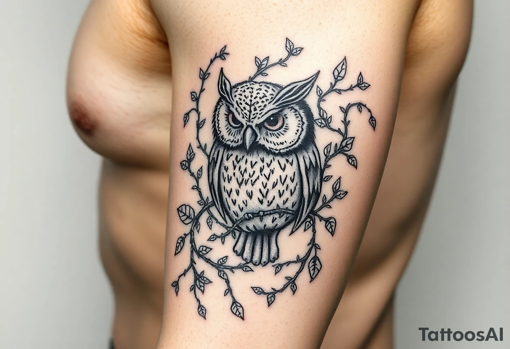 Vine wrapped around owl to where you can barely see the owl 333 in vine tattoo idea
