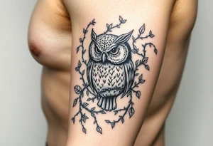 Vine wrapped around owl to where you can barely see the owl 333 in vine tattoo idea