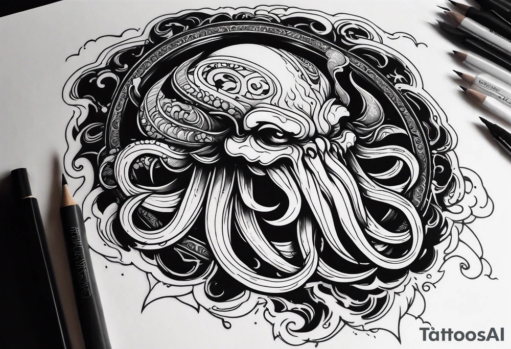 Cthulhu face surrounded by storm clouds with white lightning, tentacles and clouds wrapping around forearm tattoo idea Cthulhu face surrounded by storm clouds with white lightning, tentacles and clouds wrapping around forearm tattoo idea