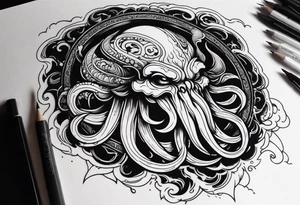 Cthulhu face surrounded by storm clouds with white lightning, tentacles and clouds wrapping around forearm tattoo idea