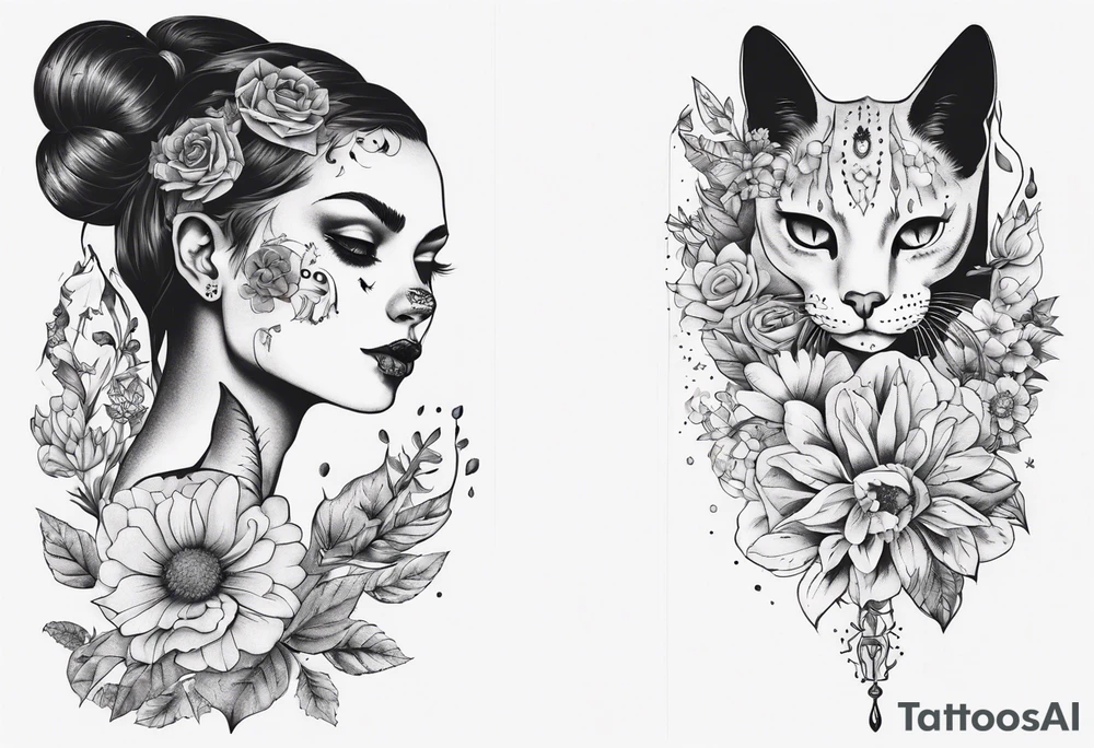 B&w tattoo arm with flowers dotting work and with an cat in it and a dark elf woman Scandinavian tattoo idea