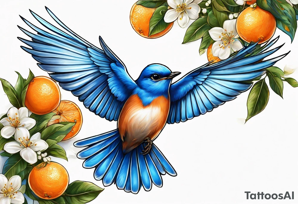 bluebird
 leaving on an orange blossom branch with its wings up tattoo idea