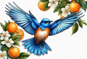 bluebird
 leaving on an orange blossom branch with its wings up tattoo idea