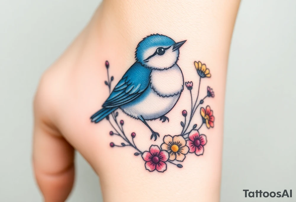 Puffy bluebird surrounded by wild flowers tattoo idea