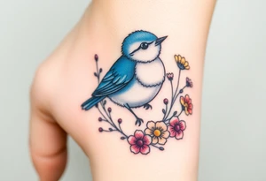 Puffy bluebird surrounded by wild flowers tattoo idea