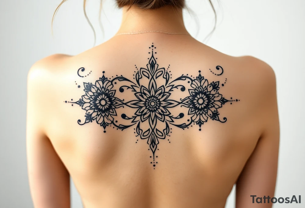 spine tattoo design with symmetrical ornamental patterns, combining dotwork, mandala elements, and flowing lines that follow the natural curves of the body with tribal-inspired lower back tattoo with sweeping symmetrical curves, bold linework, and soft floral accents, creating a feminine yet powerful aesthetic. The design is intricate and balanced. tattoo idea