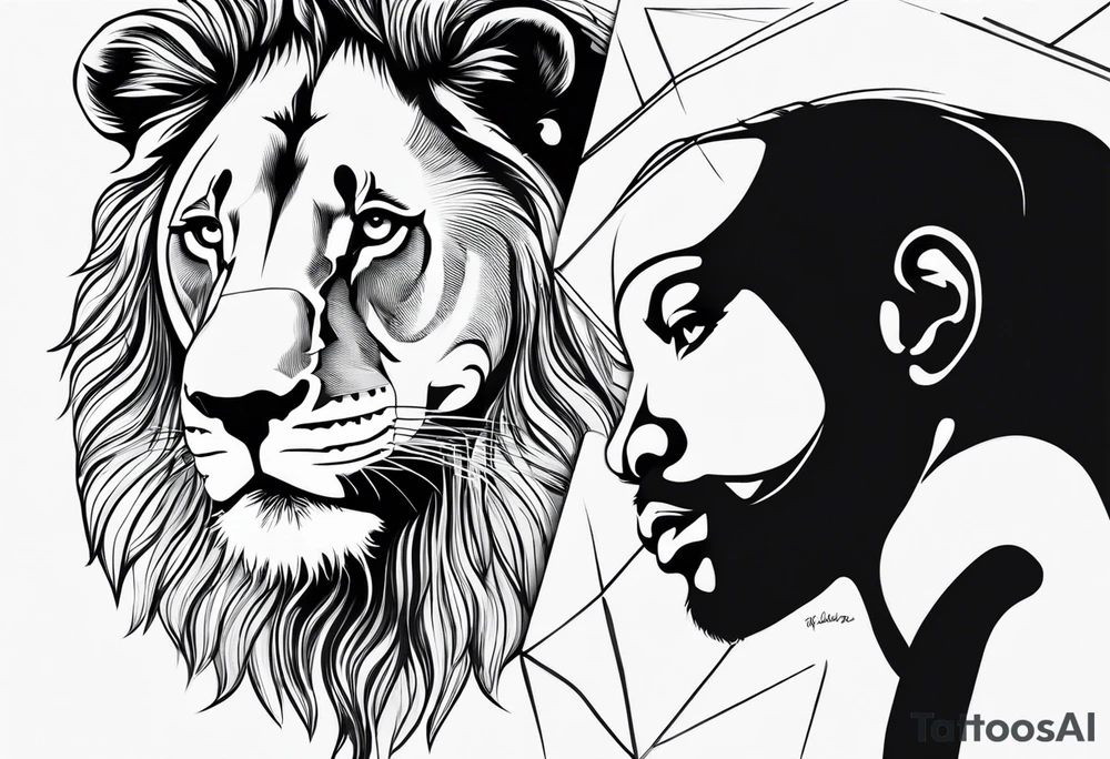 Moitie Visage lion avec son bebe avec trait super fin tattoo idea