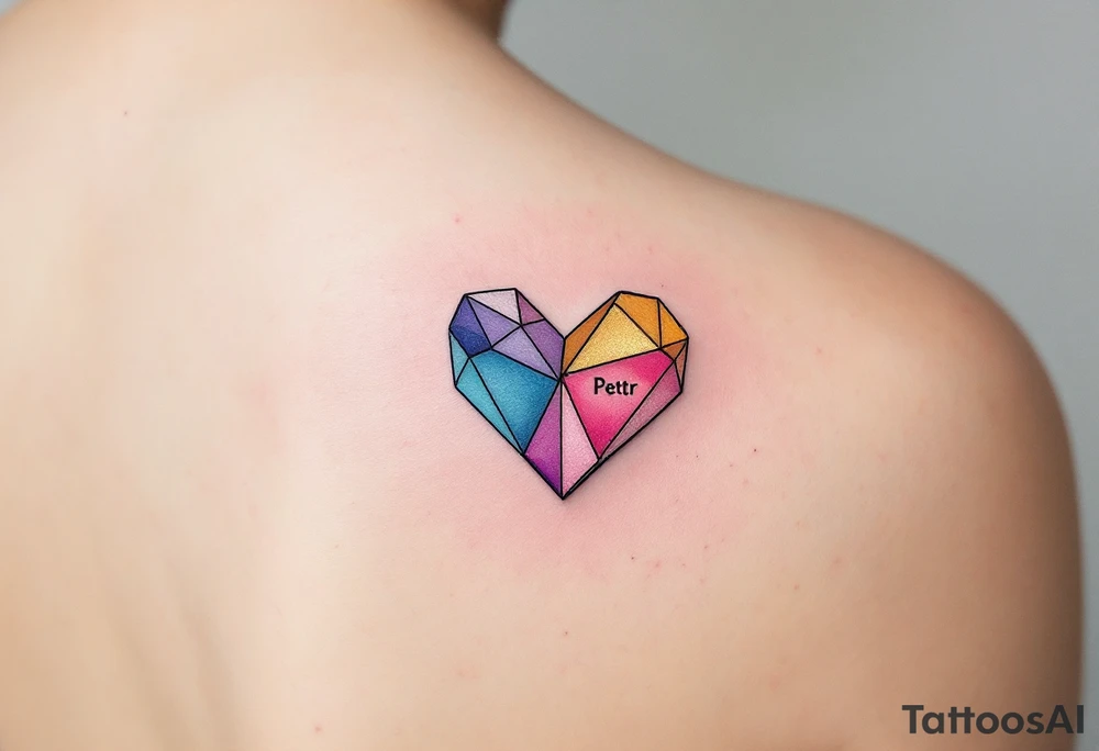A mini heart made up of colorful geometric shapes, with each section of the heart filled with different watercolor shades of blue, pink, and gold, and the name "Petr" written in a modern, sans-serif font. tattoo idea