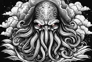 Cthulhu face surrounded by storm clouds with white lightning, tentacles and clouds wrapping around forearm tattoo idea